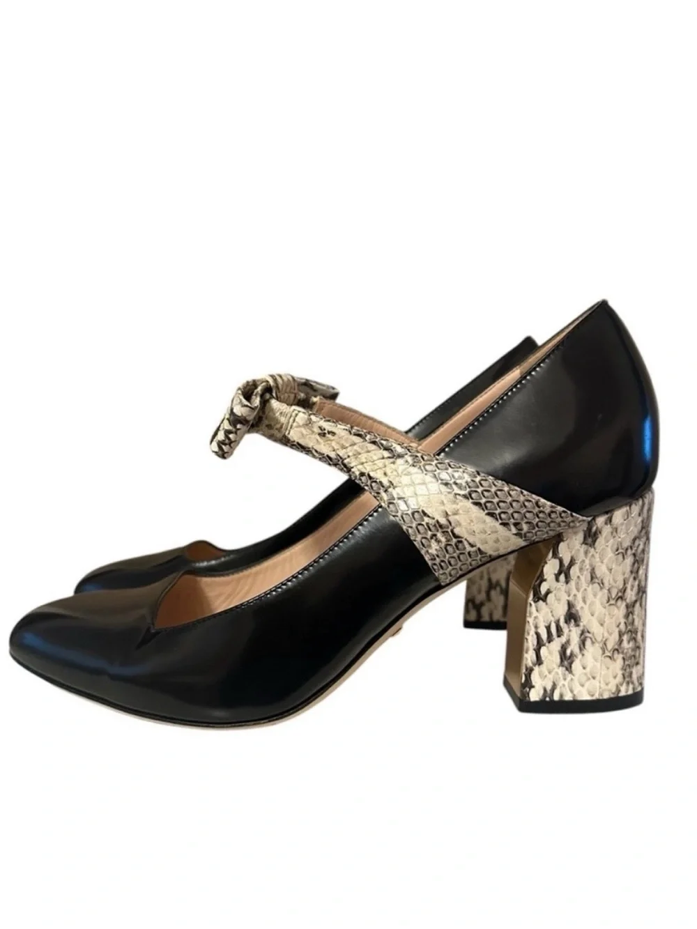 GUCCI Nimue Black Snakeskin Bow Leather Mary Jane Block Heel Pumps 38